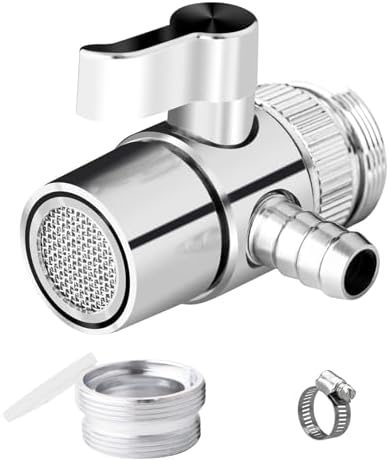 Faucet Diverter Valve, 9.5mm Barb for 3/8" ID Flexible Hose, Countertop Water Filter Adapter with Solid Brass Handle, M22 Male to M24 Male Adapter Rings, Clamps & Extra Washers by Tsinghwang
