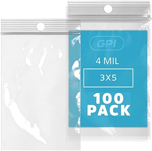 3"x5" Zip Bags, 100 Pack, 4 Mil Heavy Duty, Hang Hole, GPI POLY by GPI