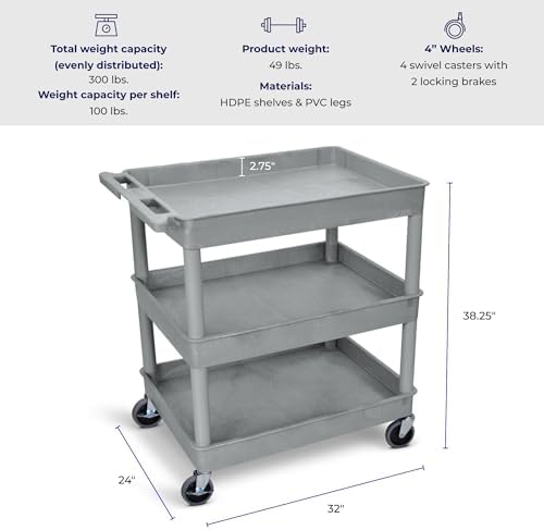Stand Steady Tubstr Large 3 Shelf Utility Cart | Made in USA | Heavy Duty Tub Cart Holds Up to 300 lbs. | Storage Cart & Rolling Tool Cart for School, Office, Garage & Warehouse (Gray) - Image 3