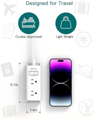 Addtam Flat Plug Power Strip with 6 Outlet Extender, 10 FT Extension Cord Flat Wall Plug with Multiple Outlets, No Surge Protector for Cruise Ship, Travel, Dorm, Home Office, Cruise Essentials, White - Image 5