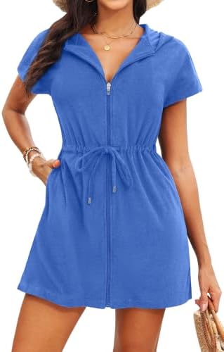 Womens Terry Cloth Cover Up Hooded Swim Cover with Zipper and Pocket by Yonique
