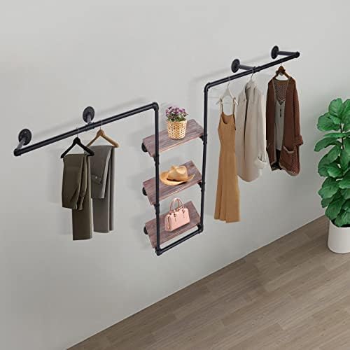 Wall-Mounted Clothing Rack, Industrial Pipe Clothing Rack with 3 Tiers Wood Shelf, Heavy Duty Rustic Garment Hanging Bar, 86.6"L X 37.4"W X 10.6"H Multi-Purpose Storage Rack for Home Clothing Store - Image 7