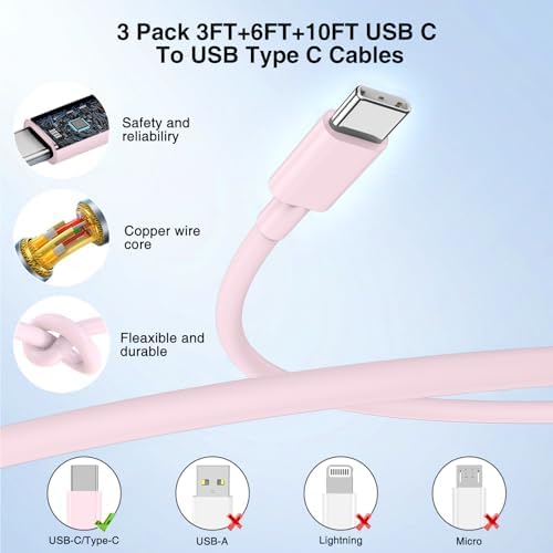 60W USB C Quick Wall Charger Block for Galaxy S26 Android Phones, 3Pack Super Fast Charger Adapter with Bulk 3/6/10FT Long USB C Charging Cable Cords for Samsung Galaxy S26+/S25/S24/S23 Ultra - Image 4
