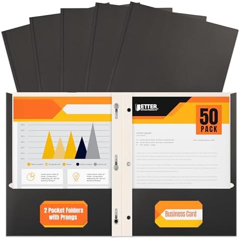 Better Office Products Black Paper 2 Pocket Folders with Prongs, 50 Pack, Matte Texture, Letter Size Paper Folders, 50 Pack, with 3 Metal Prong Fastener Clips, Black by BetterOfficeProducts