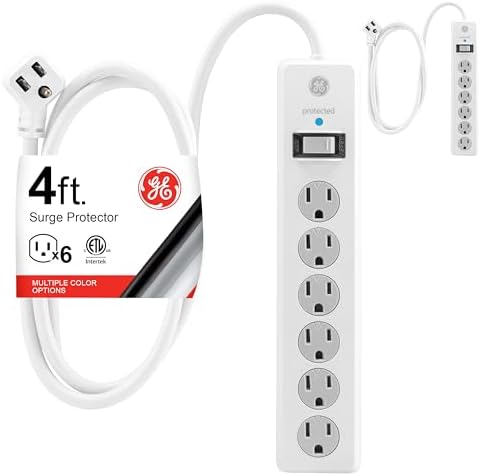 GE Surge Protector Power Strip, 4 Ft Extension Cord, 6 Outlet Extender, 800 Joules, Flat Plug, Twist-to-Close Safety Covers, UL Listed, White, 2 Pack, 54634 by Unknown