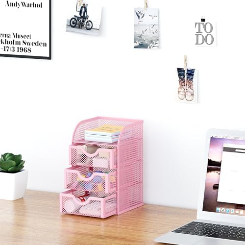 EasyPAG Mesh Desk Organizer with 3 Drawer Office Desktop Organizers and Accessories Stationery Caddy for Office, Home, Students, Pink - Image 5