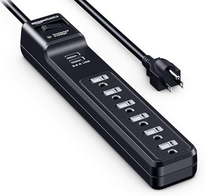 Amazon Basics Surge Protector Power Strip with 6 Outlets, 2 USB Ports, 1000 Joule, 6-Foot Cord Length, Black by AmazonBasics