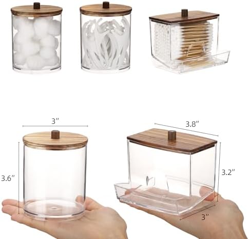 Tbestmax Qtips Dispenser Bathroom Container, 10/12 oz Big Cotton Ball Holder, Apothecary Jar Organizer for Storage Cotton Swab, Round Pads, Floss Picks (Brown Wood Lids) - Image 3