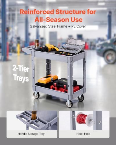 VEVOR Utility Cart, 550 lbs Capacity, 2 Tier Service Cart with 360° Swivel & Fixed Wheels (2 with Brakes), Heavy Duty Plastic Rolling with Storage Tray, Tool Storage for Garage Warehouse Workshop - Image 3