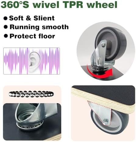 Furniture Mover Dolly Portable Wood Rolling Mover for Moving Furniture Sofa Cabinet Refrigerator, 360° Rotatable Soft TPR Rubber Universal Wheels, 440Lbs Capacity, Black (2 Packs) - Image 3