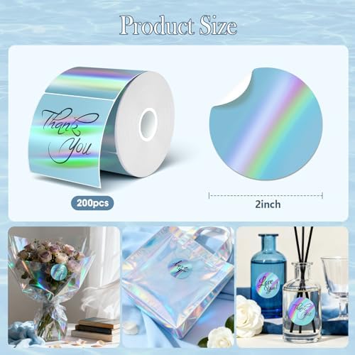 2 Inch Holographic Thermal Sticker Labels,Rainbow Glitter Finish, Water-Proof & Tear-Resistant Label, No Residue Removable Label for Price/Name Tag, Logo Design,Light Blue, (200Labels/Roll) - Image 2