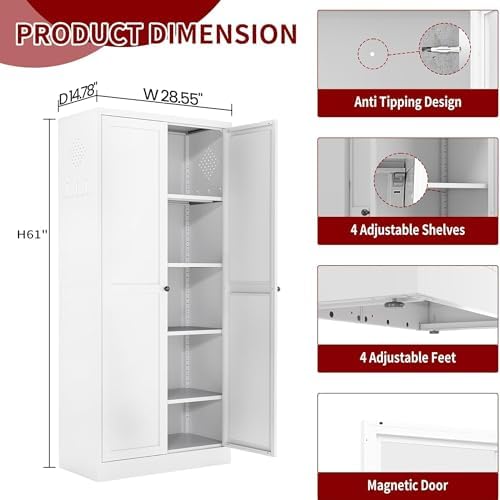 AQY Kitchen Pantry Cabinet,61" White Pantry Storage Cabinet with 4 Tier Adjustable Shelves and 2 Doors,Freestanding Cupboard,Metal Pantry Cabinets with Handle for Living Room Kitchen Assembly Required - Image 2