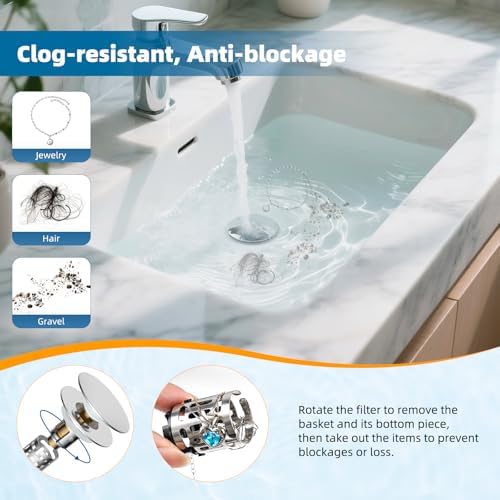 Hibbent Upgraded 3 in 1 Bathroom Sink Drain Strainer, Universal Pop Up Sink Stopper with Big Push Cap, Anti-Clogging Metal Filter Basket,Sink Plug with Hair Catcher for 1.1''~2.36'' Basin, Chrome - Image 2