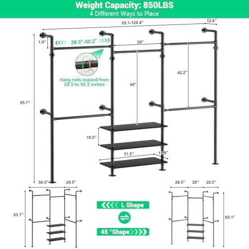 Aheaplus Industrial Corner Pipe Clothing Rack, 7.3-10.9Ft Closet System - Image 7
