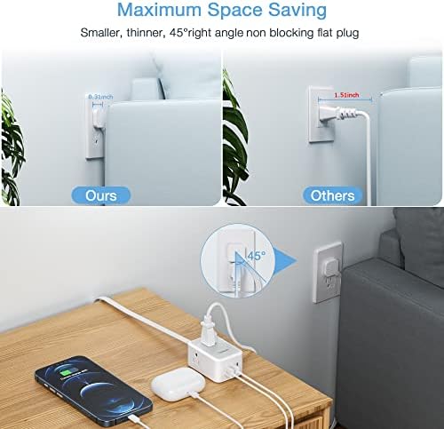 TESSAN Small Flat Plug Power Strip, Ultra Thin Extension Cord 10 ft, Grey - Image 2