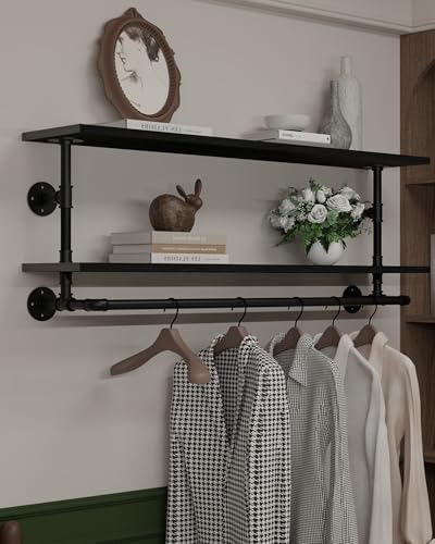 Black Clothes Rack 48in, 2-Tier Wall Mounted Garment Rack with Real Wood Shelf, Heavy Duty Hanging Clothes Rack, Multi-Purpose Hanging Rod, Space-Saving Closet Storage by INDUSTRIALSHELVESDESIGN