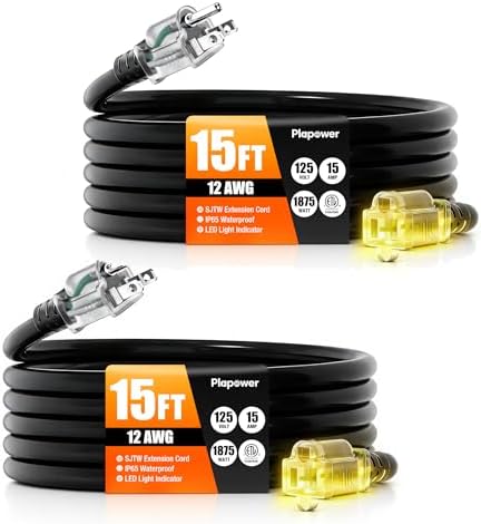 12/3 Gauge Outdoor Extension Cord 15 FT Heavy Duty Waterproof Black(2Pack) by Unknown