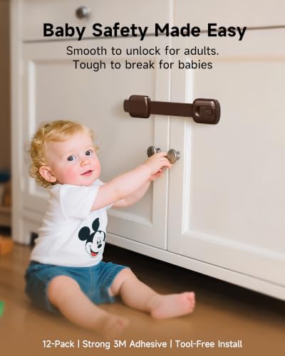Infinno 8 Pack Cabinet Locks Baby Proofing Heavy Duty - Child Safety Cabinet Locks for Drawers, Cupboards & Fridge – No Drill 3M Adhesive Locks for Pets - Toddler Safety Latches-Brown - Image 7