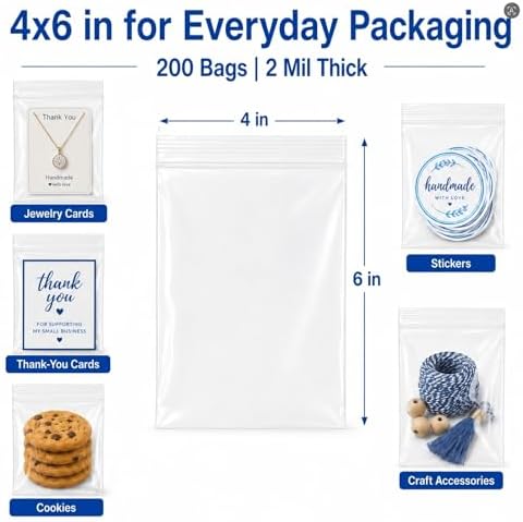 Small Plastic Bags, 4x6 in 200pcs 2 Mil Thick Mini Zip Bags for Jewelry Cards, Stickers, Cookies, Crafts, Samples, Seeds, Small Business Packaging & Home Organization - Image 2