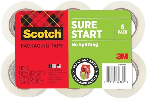Scotch Sure Start Packing Tape Refill, 900 in x 900 in, 6 Rolls by ScotchBrand