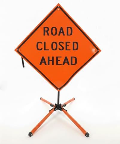 Traffic Roll-Up Sign Kit with Stand – Collapsible Safety Sign & Heavy-Duty Portable Stand, High Visibility, Easy Setup (Road Closed Ahead, Non-reflective) by EASTERNMETALSIGNSANDSAFETY