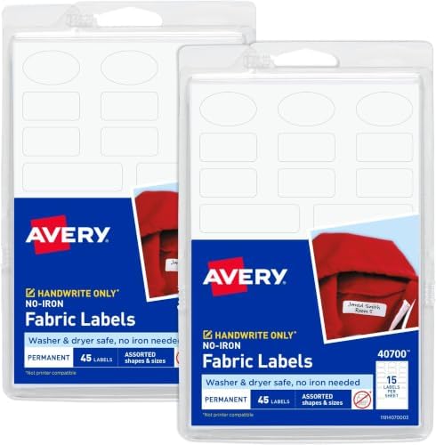 AVERY No-Iron Fabric Labels, White | Washer and Dryer-Safe | Non-Printable | Assorted Shapes | 90 Labels, Pack of 18 by Avery