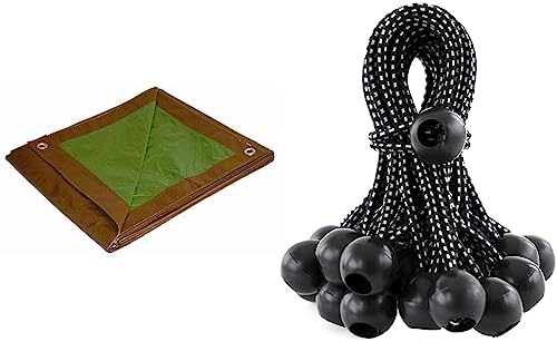 12x30 Multi-Purpose Brown/Green Medium Duty DRY TOP Poly Tarp (12'x30') and Kotap BB-6B Ball Bungee Cord, Heavy-Duty & Versatile, Indoor & Outdoor, Tarp Tie-Down by Unknown