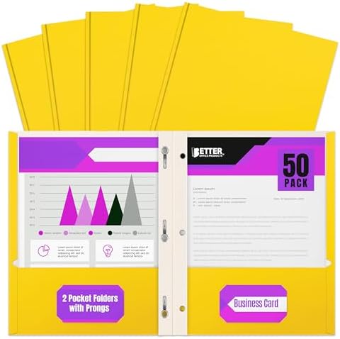 Better Office Products Yellow Paper 2 Pocket Folders with Prongs, 50 Pack, Matte Texture, Letter Size Paper Folders, 50 Pack, with 3 Metal Prong Fastener Clips, Yellow by BetterOfficeProducts