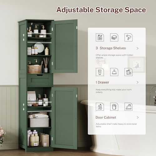 TEENFON Tall Bathroom Cabinet with 2 Doors & 1 Drawer, Narrow Bathroom Storage Cabinet with Adjustable Shelves, for Living Room, Entryway, Kitchen, Forest Green - Image 5