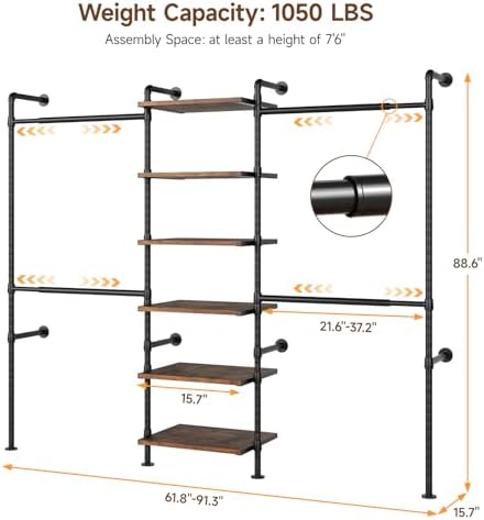 T1 Wall Mounted Closet System, Industrial Pipe Clothing Rack with 6 Wooden Shelves & 4 Telescopic Rods, Heavy Duty Closet Organizers and Storage in Wardrobe Closet (Rustic Brown) - Image 2