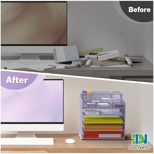 Docnest 5 Tier Mesh Desk Organizer with Letter Tray & Paper Sorter, Purple - Image 3