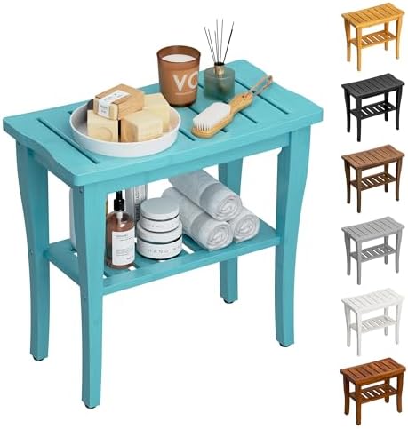 Bamboo Shower Bench Stool with Storage Shelf, Waterproof Shower Chair Spa Bath Seat, Shower Stool for Inside, Bathroom Bench Seat for Adults Elderly Seniors for Indoor or Outdoor Use(Sky Blue) by oridom