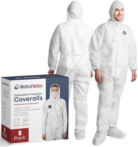 Medical Nation Hazmat Suits Disposable | Pack of 5 | Protective Coveralls with Attached Hood and Boots | Heavy Duty Full Body Painters Suit for Adults - Breathable & Water Resistant | Medium by MEDICALNATION