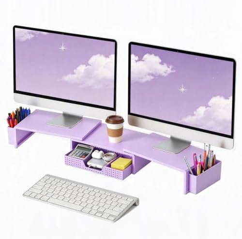 LEKETREE Dual Monitor Stand Riser with Drawer and 2 Pen Holders, Purple by Stylishworkspaceeffortlessorganization