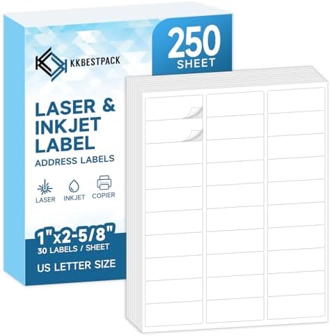 Address Labels for Printer 7500 Labels - 1" x 2-5/8", Mailing, Storage & Pantry Organization, Laser/Inkjet Compatible, 30 Per Page, 250 Sheets by KKBESTPACK