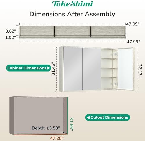 TokeShimi 48 x 32 Mirrored Medicine Cabinets for Bathroom, Assembly Required, Brushed Nickel Recessed Medicine Cabinet with Mirror, Aluminum Frame, Stepless Adjustable Shelves, Tempered Glass - Image 2