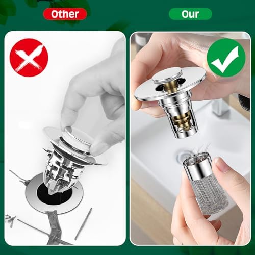 Vodolo 3 in 1 Sink Drain Strainer with Hair Catcher,2PCS Stainless Steel Popup Sink Stopper with Basket for Bathroom Kitchen Shower,Pop-up Bounce Core Floor Basin Drain Filter,Replacement Sink Plug - Image 2