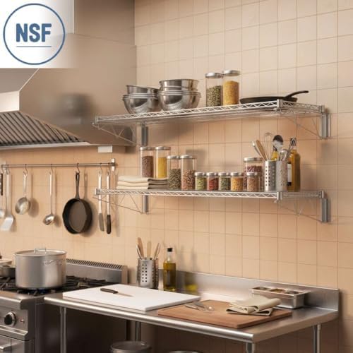 4 Pack 18" x 60" Chrome NSF Wire Wall Mount Shelf, Heavy Duty Wall Storage Rack, Industrial Metal Shelving, Fixed Shelf for Stock Rooms, Warehouse - Image 2