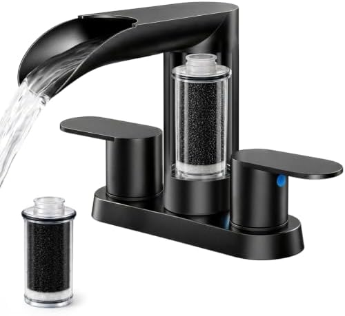 Cobbe Waterfall Bathroom Faucets with Filter, Matte Black Bathroom Sink Faucet 2 or 3 Hole, 4 Inch Centerset with Pop-Up Drain, 2 Handle & Supply Hoses, Lead-Free Stainless Steel for Vanity Sink RV by Cobbe