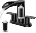 Cobbe Waterfall Bathroom Faucets with Filter, Matte Black Bathroom Sink Faucet 2 or 3 Hole, 4 Inch Centerset with Pop-Up Drain, 2 Handle & Supply Hoses, Lead-Free Stainless Steel for Vanity Sink RV by Cobbe