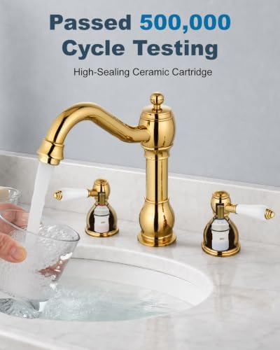 Aolemi Widespread Bathroom Sink Faucet 3 Hole White Lever Polish Gold - Image 6