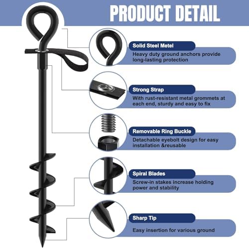 Eurmax USA 4 Pack Heavy Duty Ground Stakes&Anchors,Commercial Spiral Screw-in Trampoline Stakes with Reinforced Tie-Down Straps,High Wind Stabilizing Kit for Canopies,Outdoor Sheds,Swing Sets(Black) - Image 4