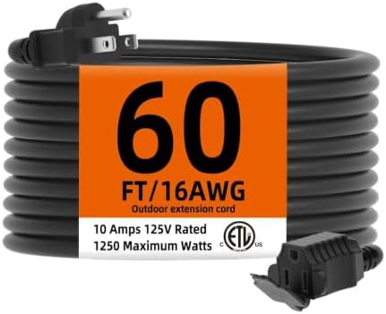 TiFFCOFiO Indoor Outdoor Extension Cord Waterproof, 60 Feet 3 Prong Power Cord for Home and Garden, 16 AWG, 13A/1625W, ETL Listed by TiFFCOFiO