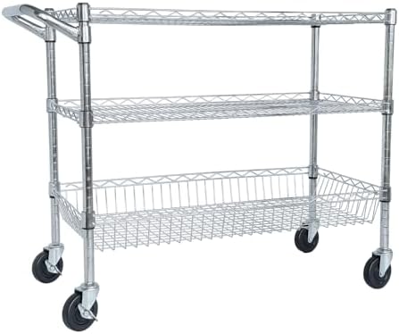 Heavy Duty 3-Tier Utility Cart with Wheels & Handle Bar, x18 Rolling Storage Cart, 600 lbs Capacity, Chrome Shelves for Kitchen, Restaurant, Plant Display, Garage, Office by HDSZLJL