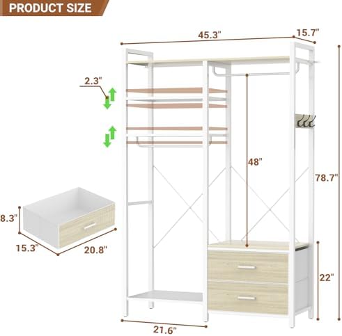 78.7'' Clothes Rack for Hanging Clothes - Reversible Clothing Rack with 2 Drawers, Heavy Duty Garment Racks with Shelves, 6 Tiers Freestanding Closet Wardrobe System with Hanging Hooks, White Oak - Image 3