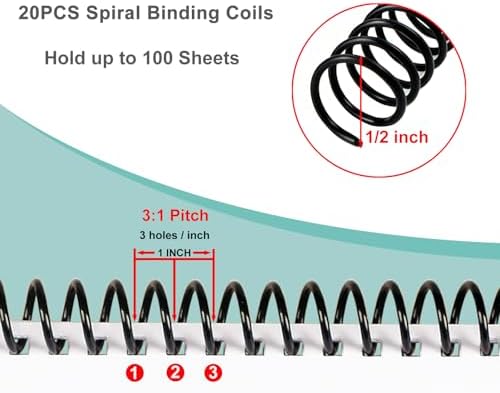 5-Hole Punch Square Paper Punch Manual Book Binding Machine with 20PCS 3:1 Pitch Plastic Spiral Binding Coils for Planners, Notebooks, Journals or Scrapbooks (Silver and White) - Image 3