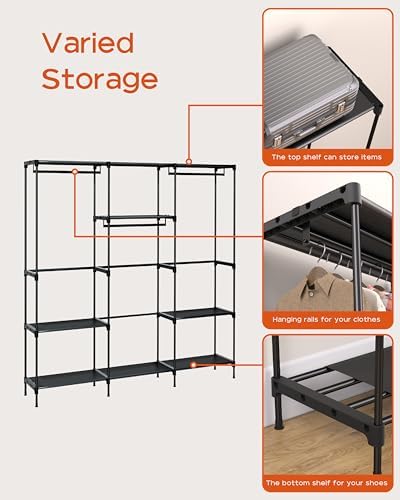 CASAMAYA Clothes Rack, Portable Closet, 81.1 Inch Large Capacity Wardrobe Closet, Clothes Storage Organizer with Shelves and 3 Hanging Rods, Easy to Assembly, Black PCT033B01 - Image 5