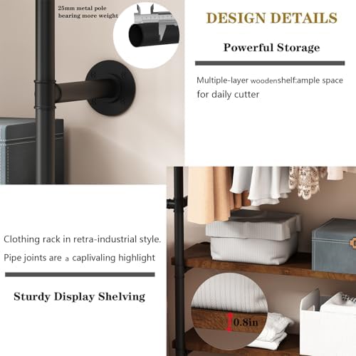 Industrial Pipe Clothes Rack, Wall Mounted Clothing Rack with Shelves, Heavy Duty Closet Organizers Wardrobe Multi-Purpose Storage Clothes Hanging Shelf-70.8''L Black - Image 4