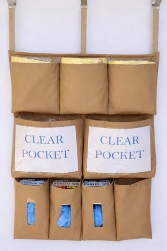 It's Sew EZ Personal Protection Equipment (PPE) Isolation Door Caddy - 9 Pockets - NFPA-701 Fire Retardant Nylon Oxford with Three Stainless Steel Hooks included (Tan, Large 9 pockets) by Unknown
