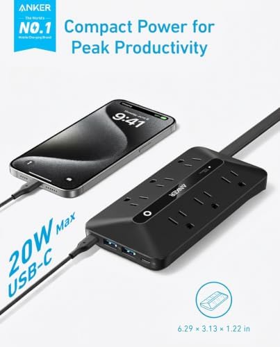 Anker Power Strip with 300J Surge Protector, 10ft Outlet Extender, 20W, 6AC - Image 2